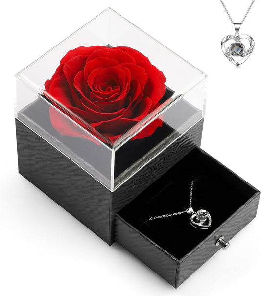 Preserved Real Rose with Heart Necklace and Greeting Card. Forever Rose Gifts for Women/Mom/Her/Girlfriend/Wife/Valentine’S Day/Birthday/Anniversary/Thanksgiving/Christmas and Wedding Gifts