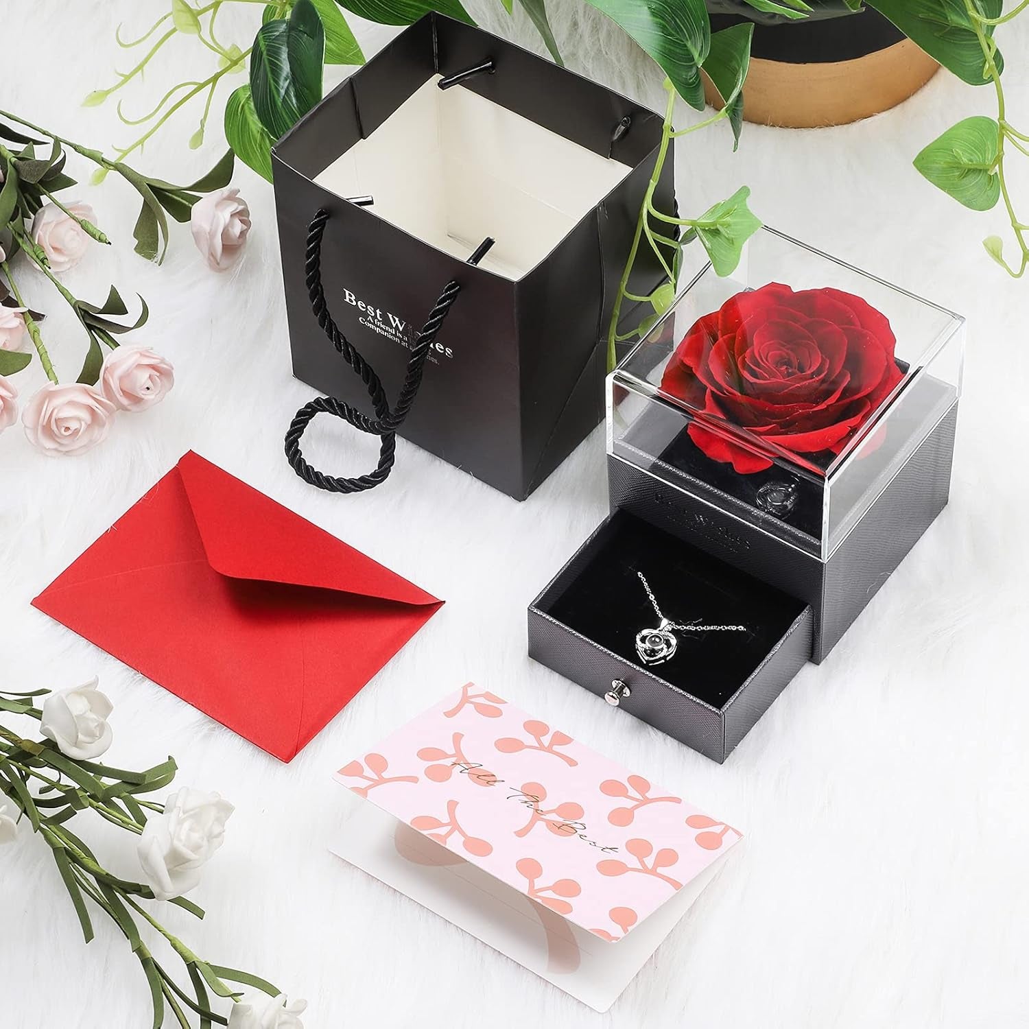 Preserved Real Rose with Heart Necklace and Greeting Card. Forever Rose Gifts for Women/Mom/Her/Girlfriend/Wife/Valentine’S Day/Birthday/Anniversary/Thanksgiving/Christmas and Wedding Gifts