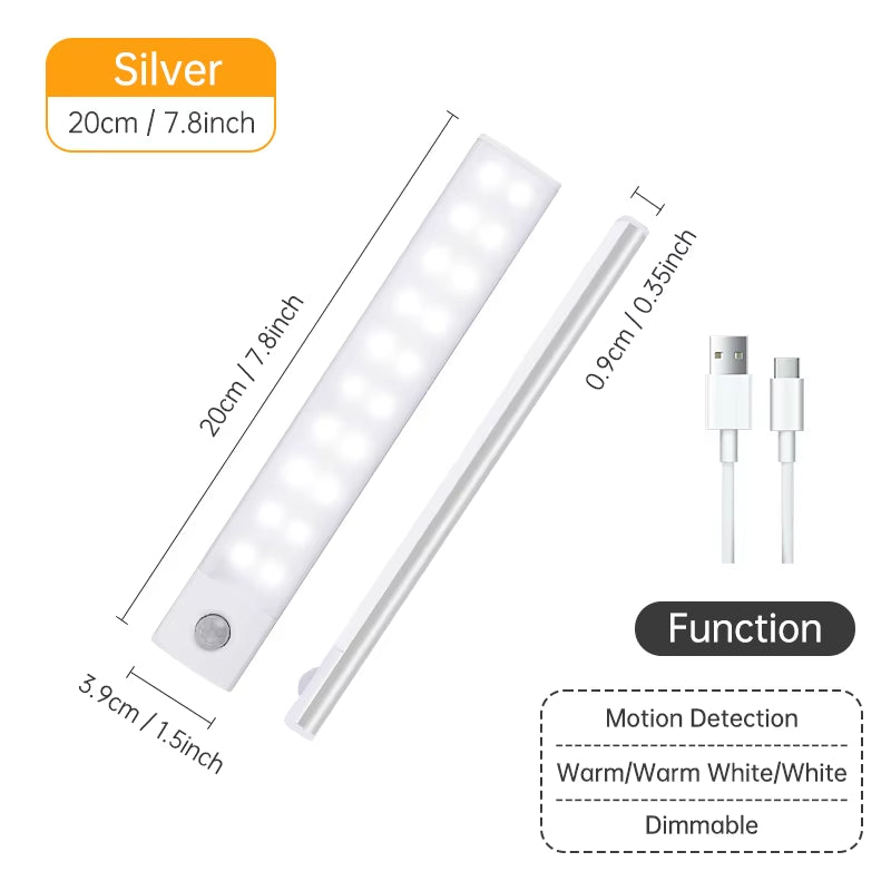 Wireless LED Motion Sensor Night Light - USB Rechargeable Cabinet and Wardrobe Lamp for Kitchen Under Backlight