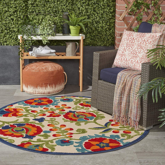 Aloha Indoor/Outdoor Multicolor 4' X round Area Rug, Easy Cleaning, Non Shedding, Bed Room, Living Room, Dining Room, Backyard, Deck, Patio (4 Round)