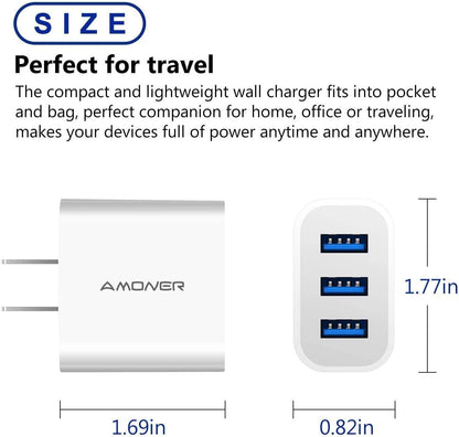 USB Wall Charger,  2Pack 15W 3-Port USB Charger Block Iphone Cube Charging Blocks for Iphone 14/13/12/11/X/XR/X/8/7/6, Galaxy, Android Phones and More