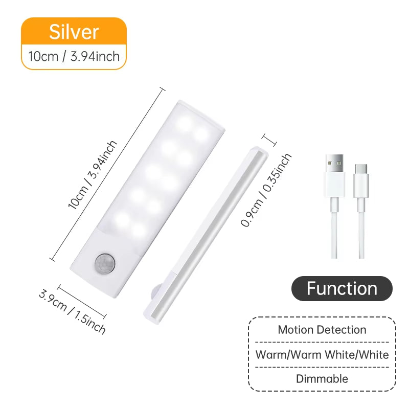 Wireless LED Motion Sensor Night Light - USB Rechargeable Cabinet and Wardrobe Lamp for Kitchen Under Backlight