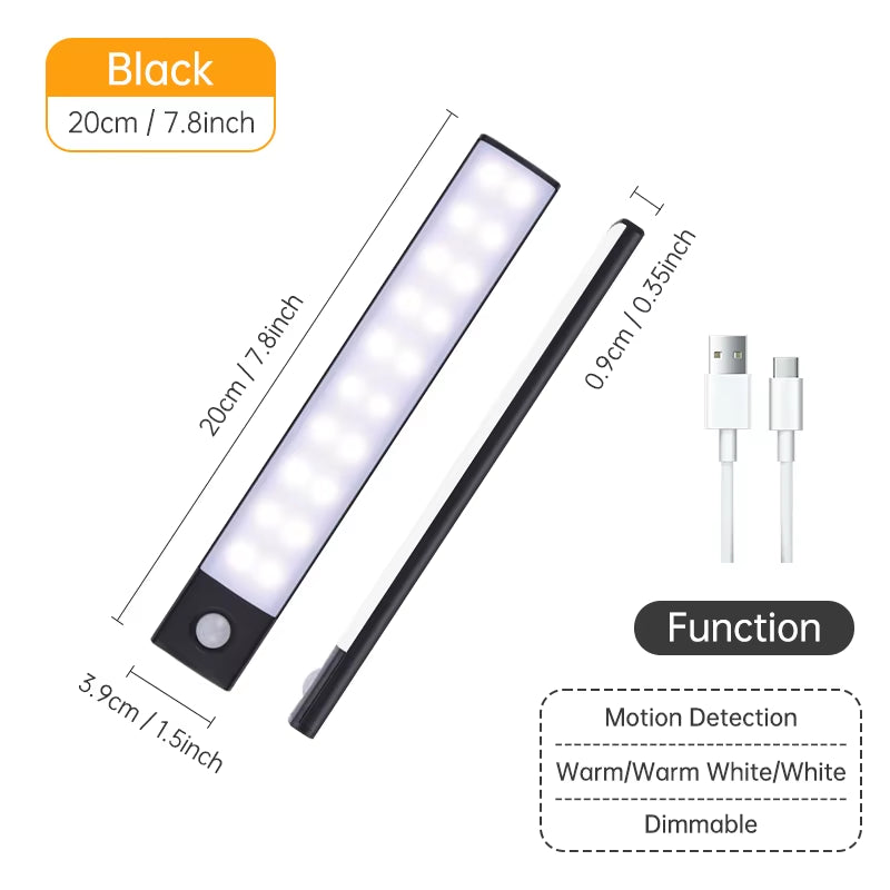 Wireless LED Motion Sensor Night Light - USB Rechargeable Cabinet and Wardrobe Lamp for Kitchen Under Backlight